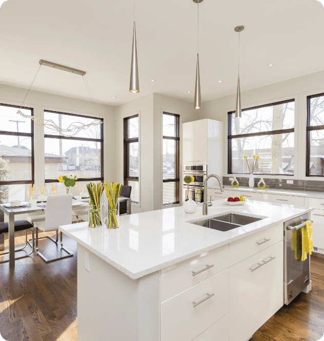 Interior shot modern house kitchen with large windows